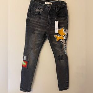 Zara Men Skinny Fit Jeans Black Ripped with Patches Size 30